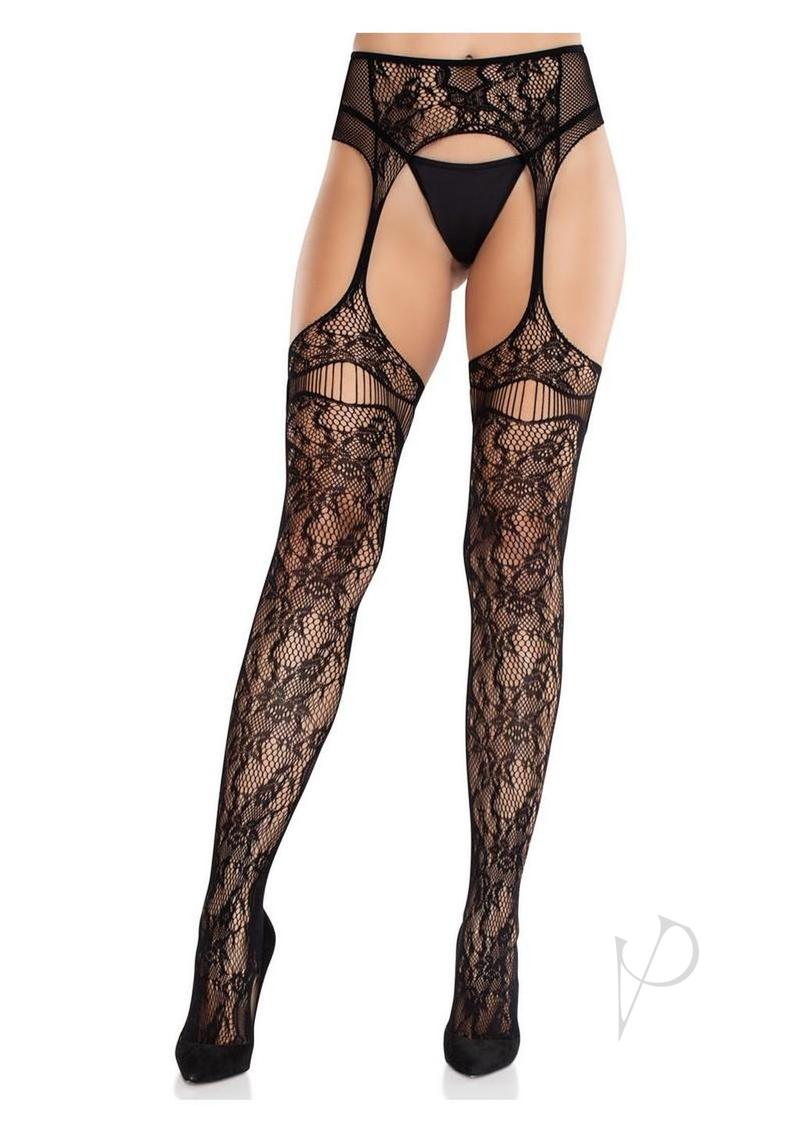 Leg Avenue Bloom Net Stockings with Cut-Out Thigh Detail and Attached Garter Belt - Black - O/S
