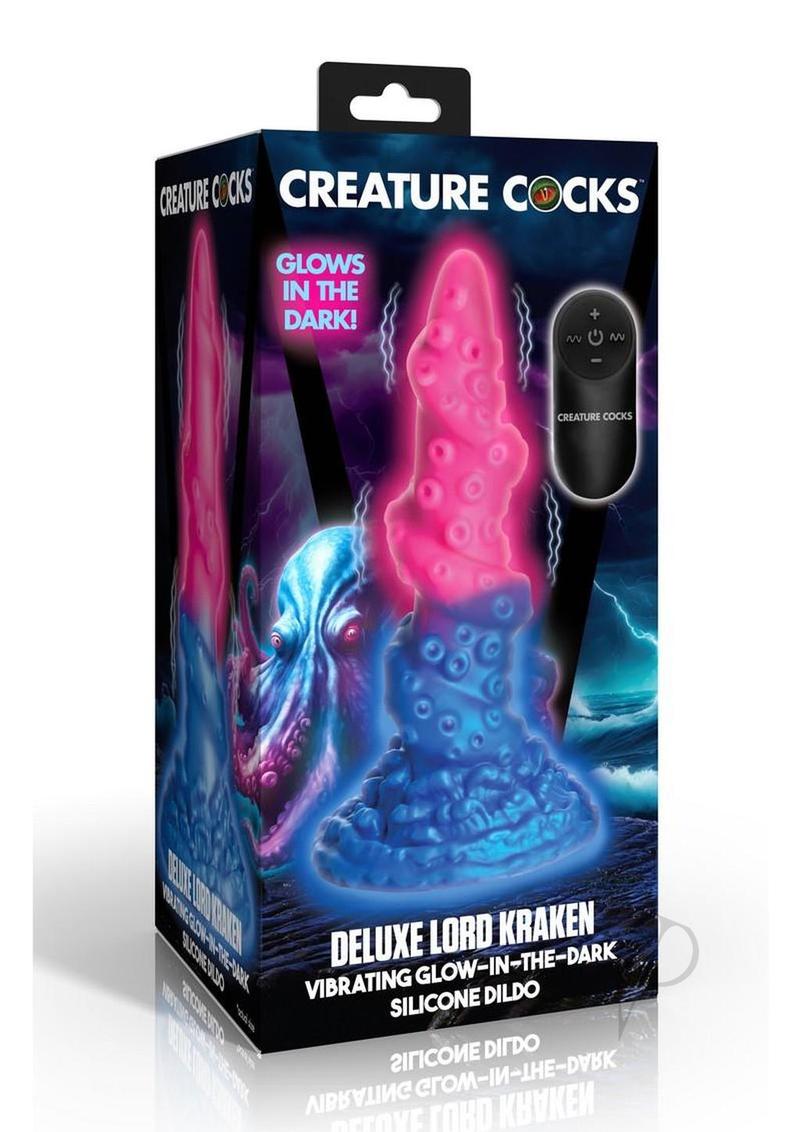 Creature cocks Deluxe Lord Kraken Vibrating Rechargeable Silicone Glow-in-the-Dark Dildo - Multicolor