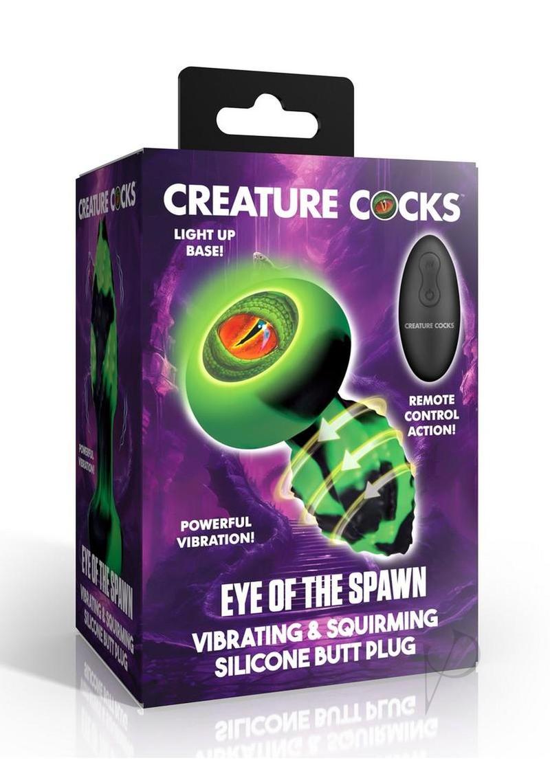 Creature Cocks Eye of the Spawn Rechargeable Silicone Vibrating and Squirming Butt Plug with Remote - Green