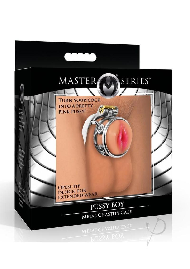 Master Series Pussy Boy Metal Chastity Cage Stainless Steel - Silver/Vanilla