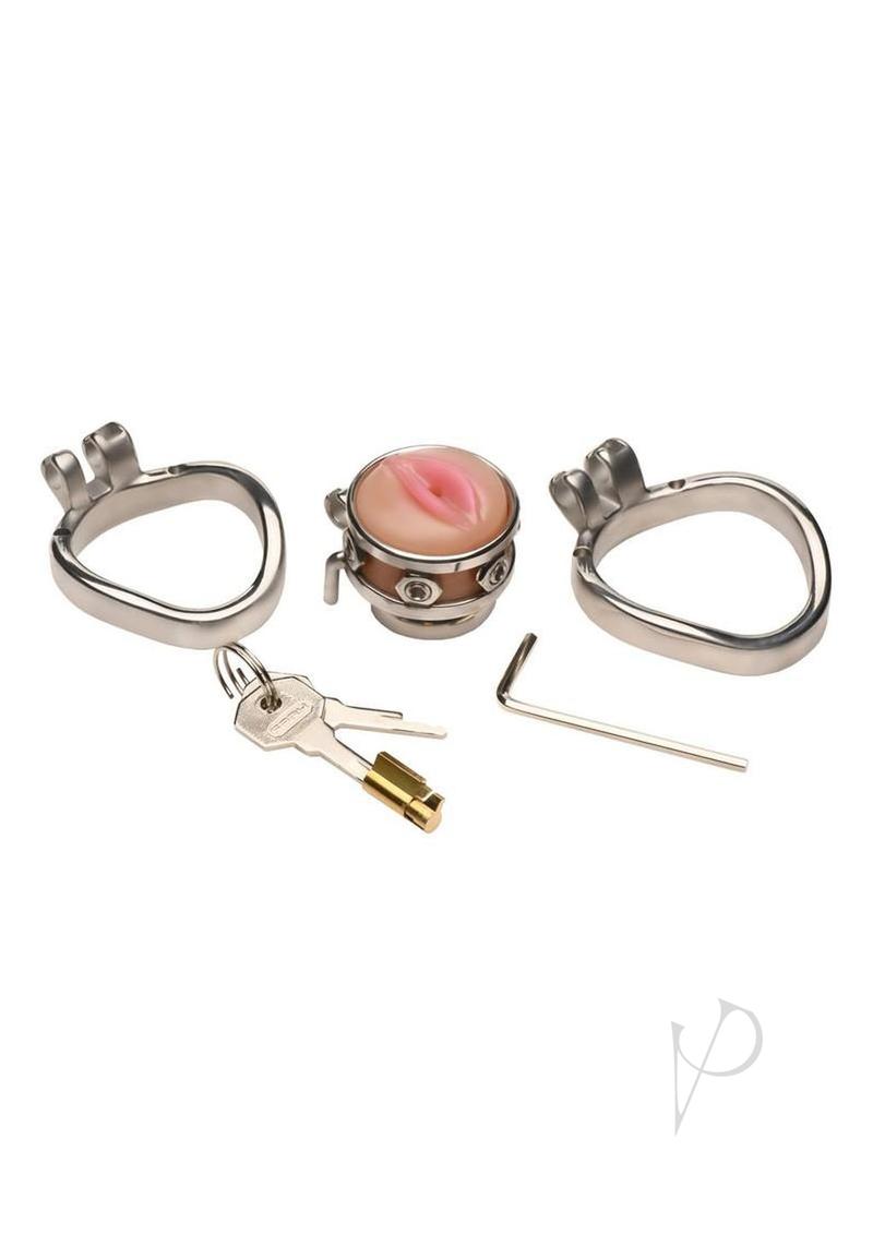 Master Series Pussy Boy Metal Chastity Cage Stainless Steel - Silver/Vanilla