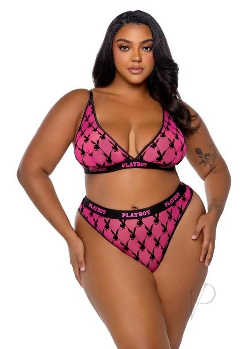 Playboy Flocked Bunny Bra Set - 2XLarge - Black