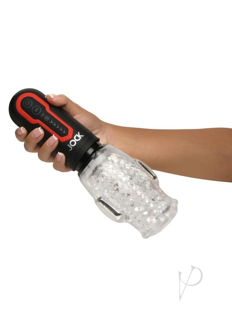 JOCK Spinning and Thrusting Rechargeable Masturbator with 2 Bullets - Mouth - Black/Clear