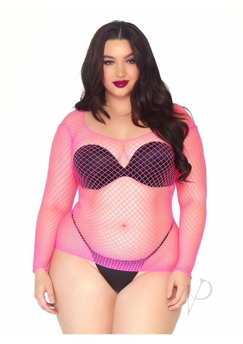 Leg Avenue Spandex Long Sleeved Industrial Net Shirt - Neon Pink - 1X-2X