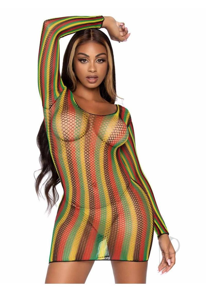 Leg Avenue Rasta Net Long Sleeved Mini Dress - Multicolor - O/S