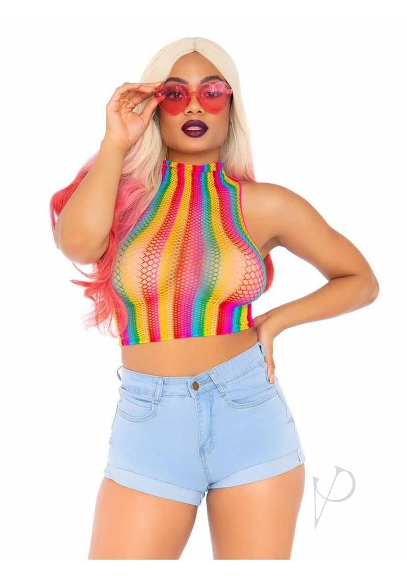 Leg Avenue Rainbow Net High Neck Crop Top - O/S
