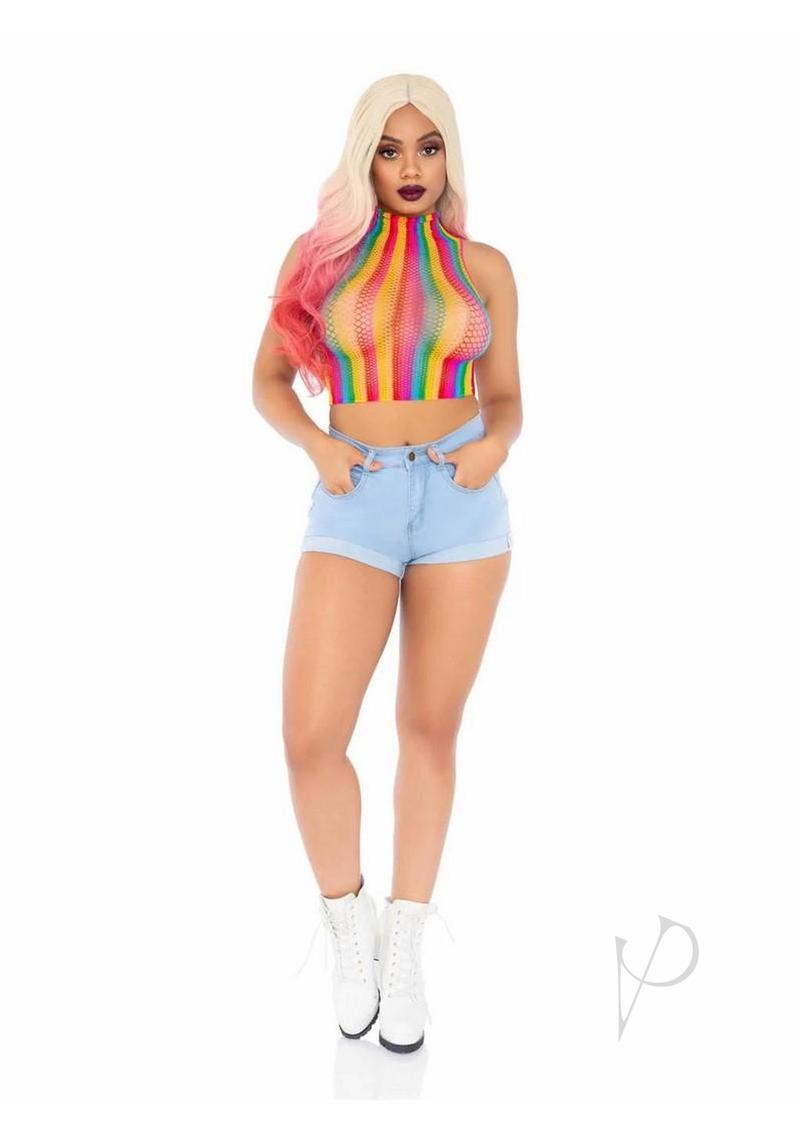 Leg Avenue Rainbow Net High Neck Crop Top - O/S