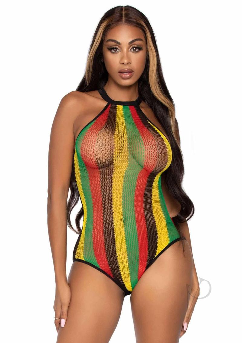 Leg Avenue Rasta Net Snap Crotch Racer Back Bodysuit - Multicolor - O/S