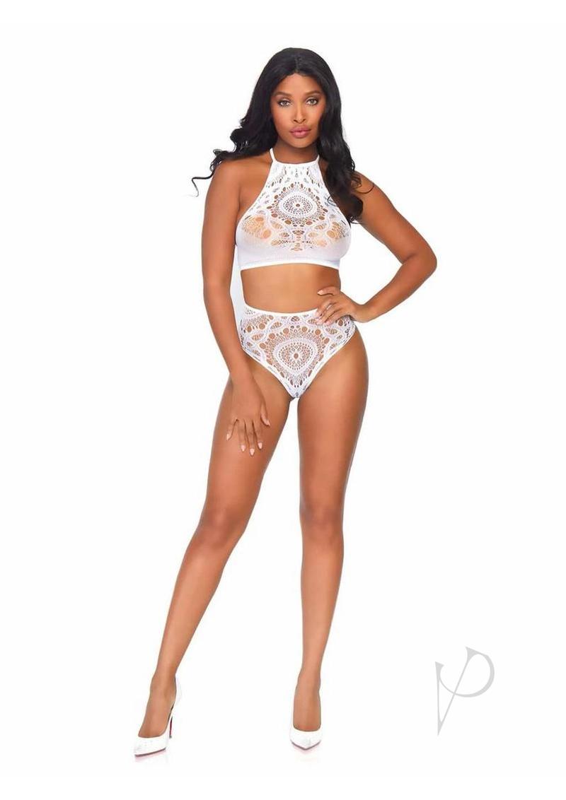 Leg Avenue Crochet Lace Halter Crop Top with Strappy Back Detail and High Waist Thong Panties (2 Piece) - White - Medium/Large
