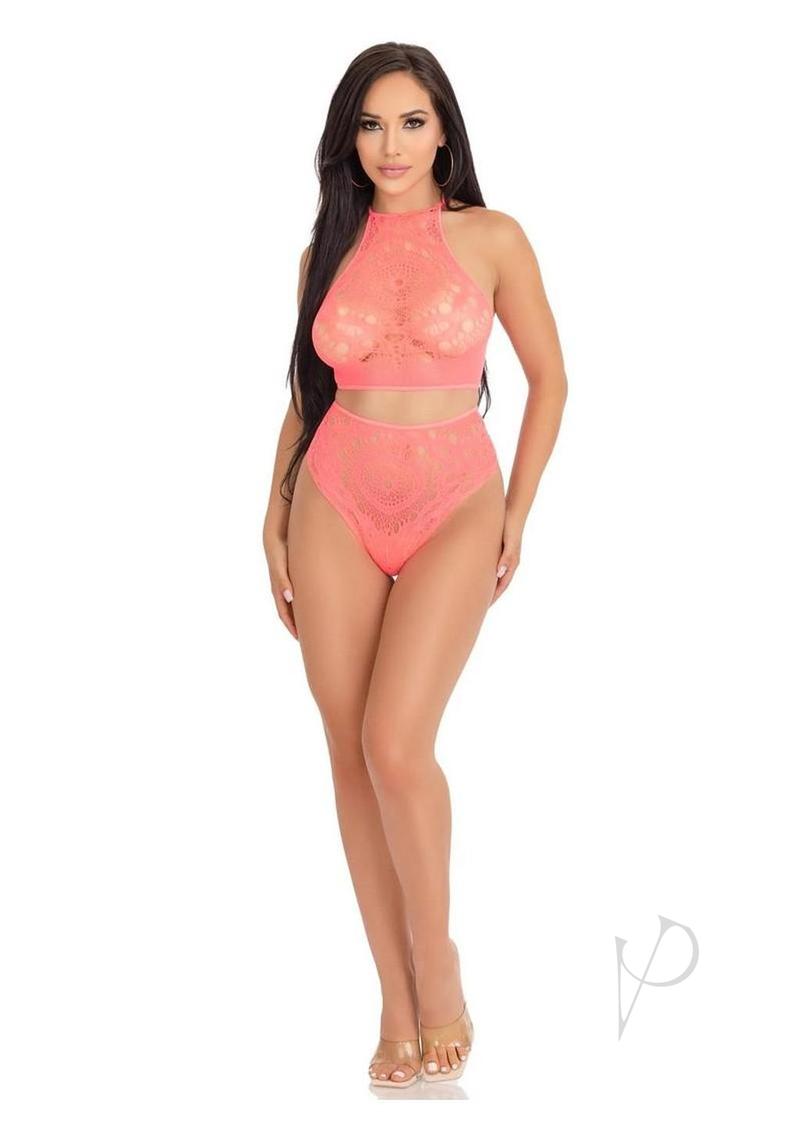 Leg Avenue Crochet Lace Halter Crop Top with Strappy Back Detail and High Waist Thong Panties (2 Piece) - Orange - Small/Medium