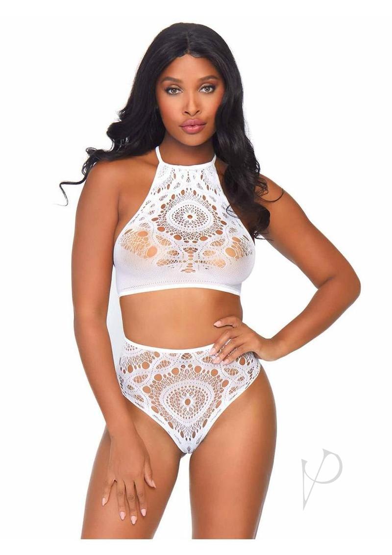 Leg Avenue Crochet Lace Halter Crop Top with Strappy Back Detail and High Waist Thong Panties (2 Piece) - White - Small/Medium