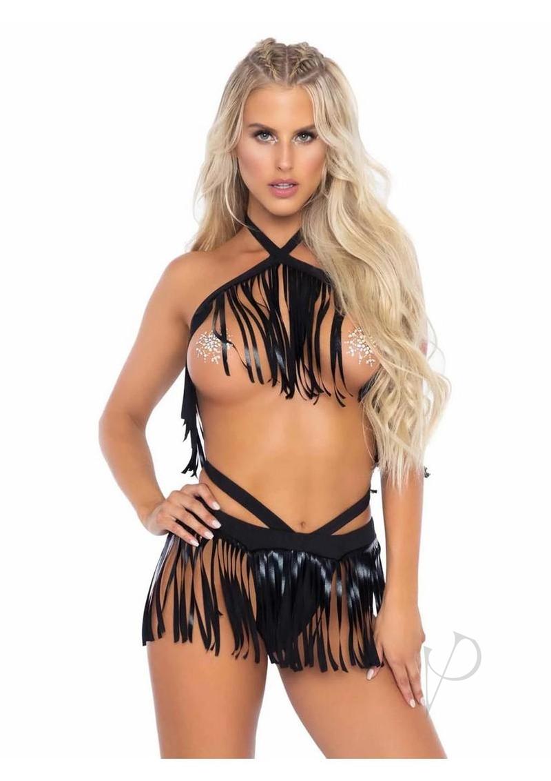 Leg Avenue Fringe Halter Top and Matching Bikini Bottoms (2 Piece) - Black - Medium/Large