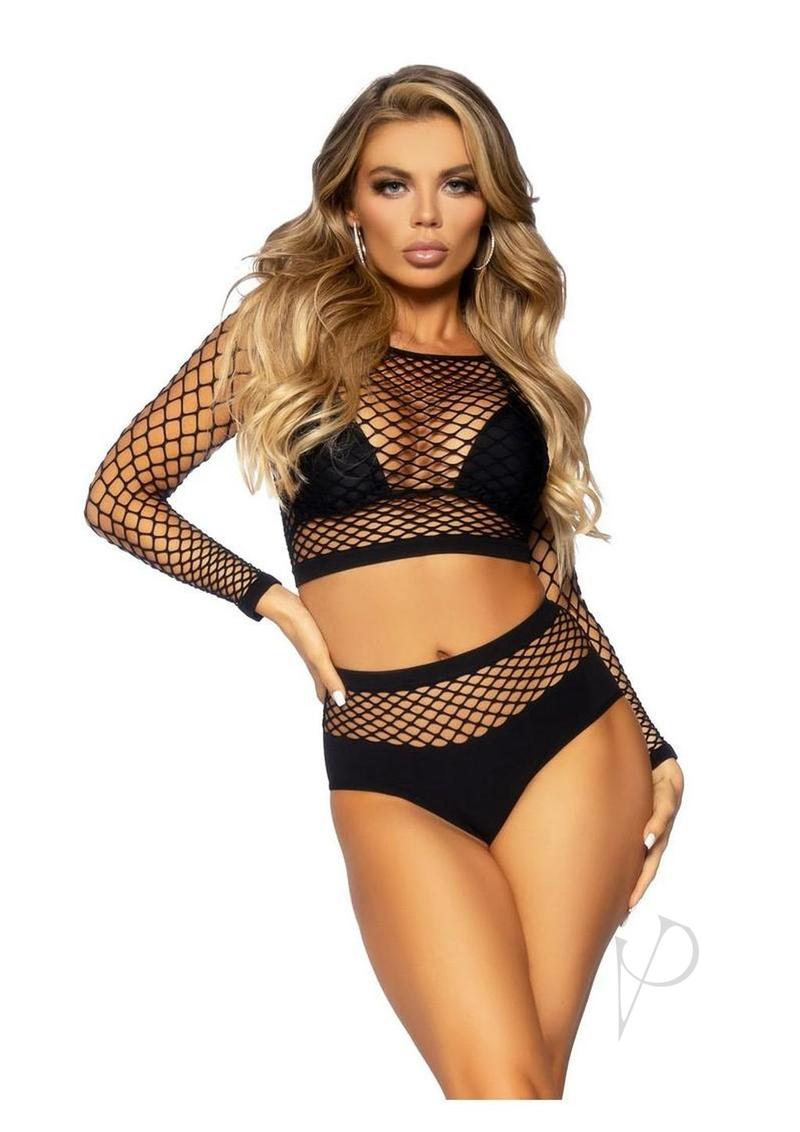 Leg Avenue Industrial Net Long Sleeved Crop Top and High Waist Full Back Opaque Bottoms (2 Piece) - Black - O/S