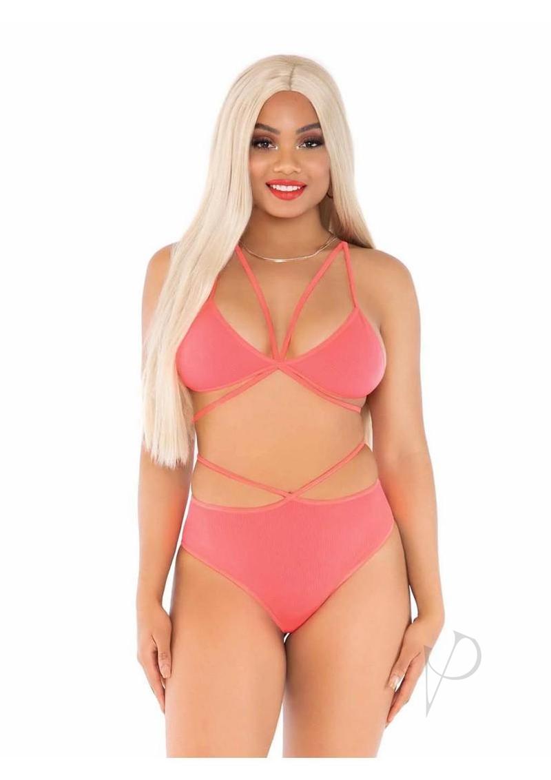 Leg Avenue Opaque Cage Strap Bra Top and Strappy Brazilian Briefs - Orange - O/S