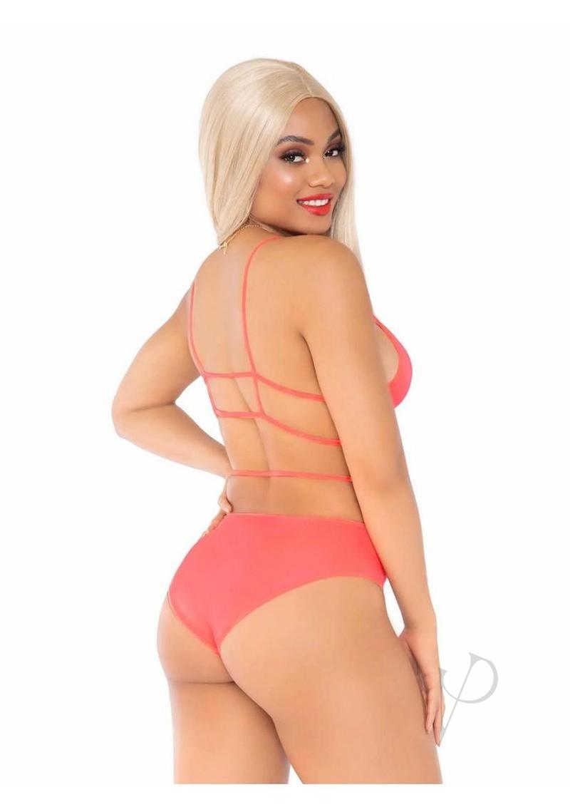 Leg Avenue Opaque Cage Strap Bra Top and Strappy Brazilian Briefs - Orange - O/S