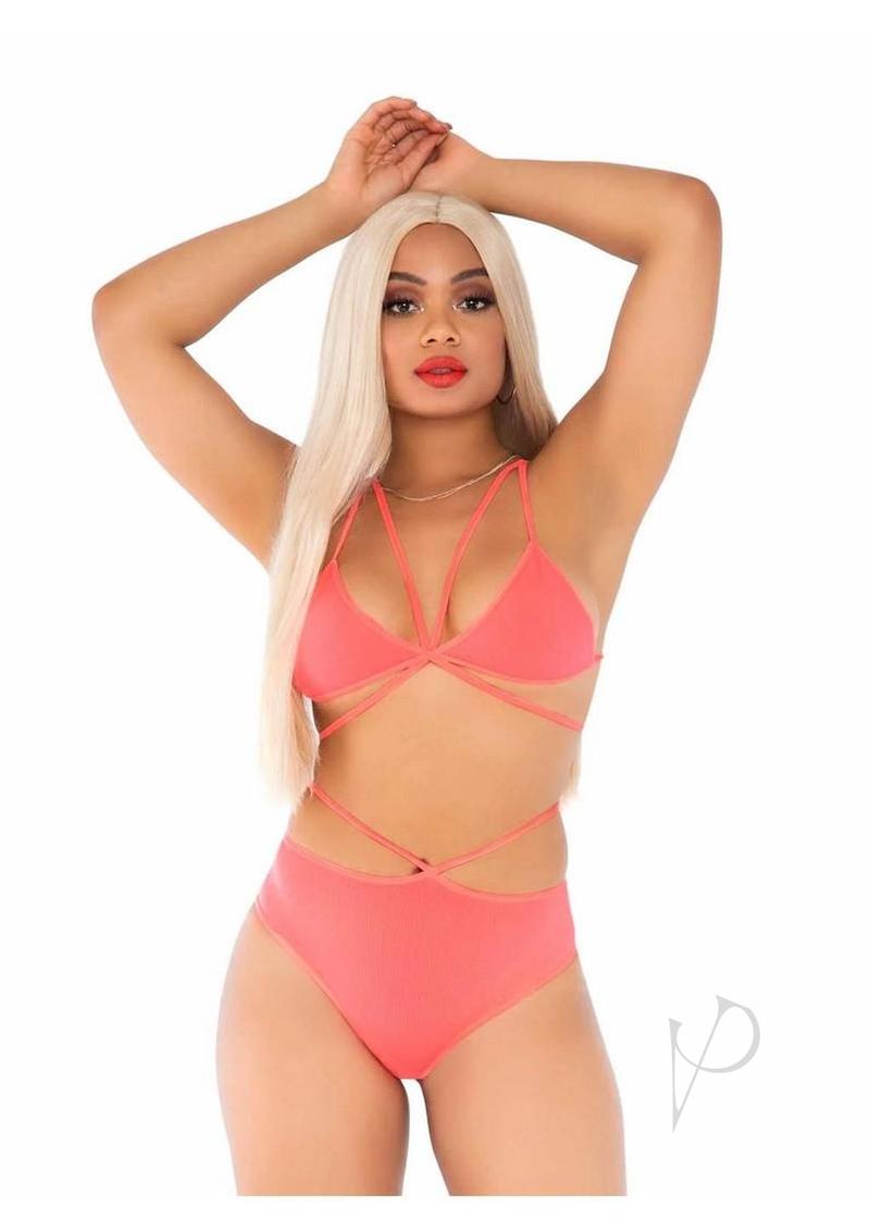 Leg Avenue Opaque Cage Strap Bra Top and Strappy Brazilian Briefs - Orange - O/S