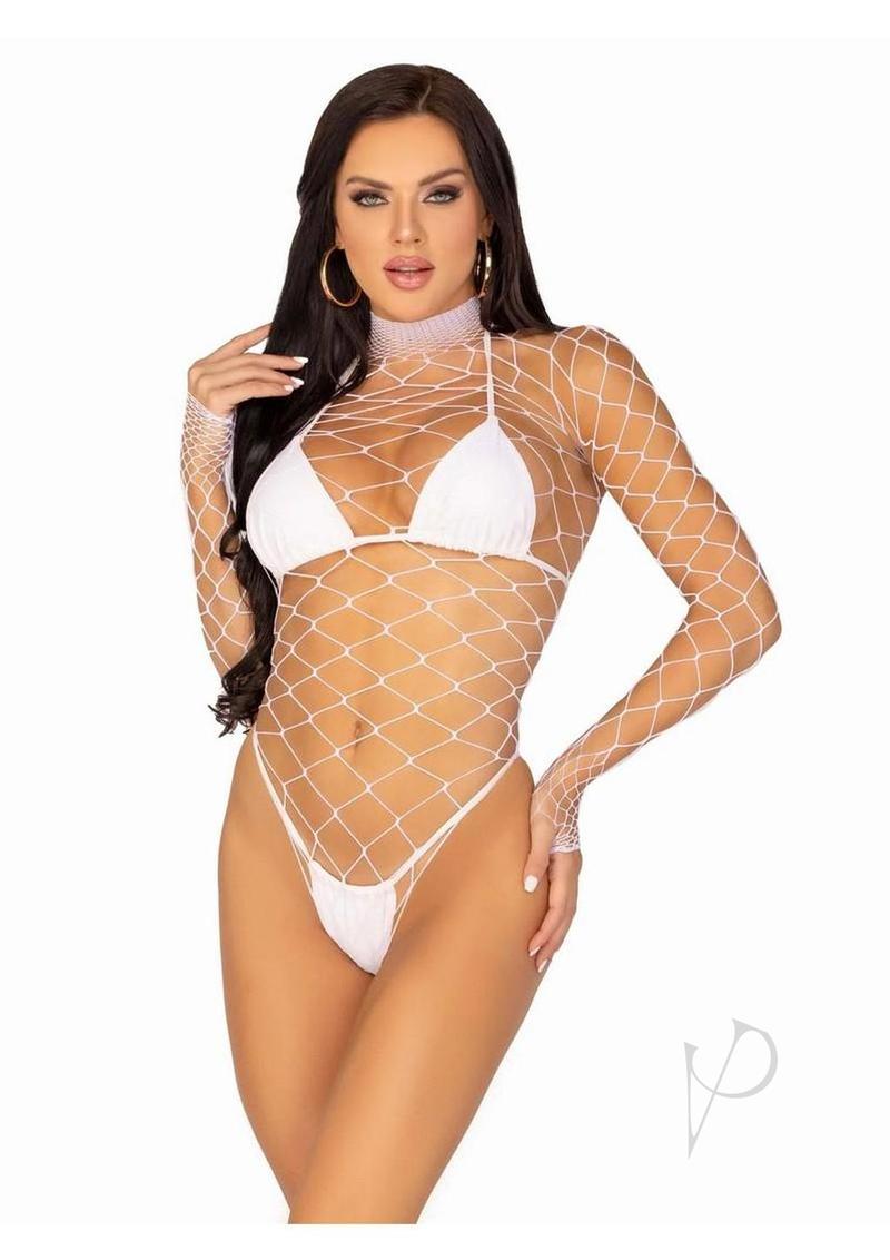 Leg Avenue Fence Net Snap Crotch Long Sleeved Bodysuit - O/S - White