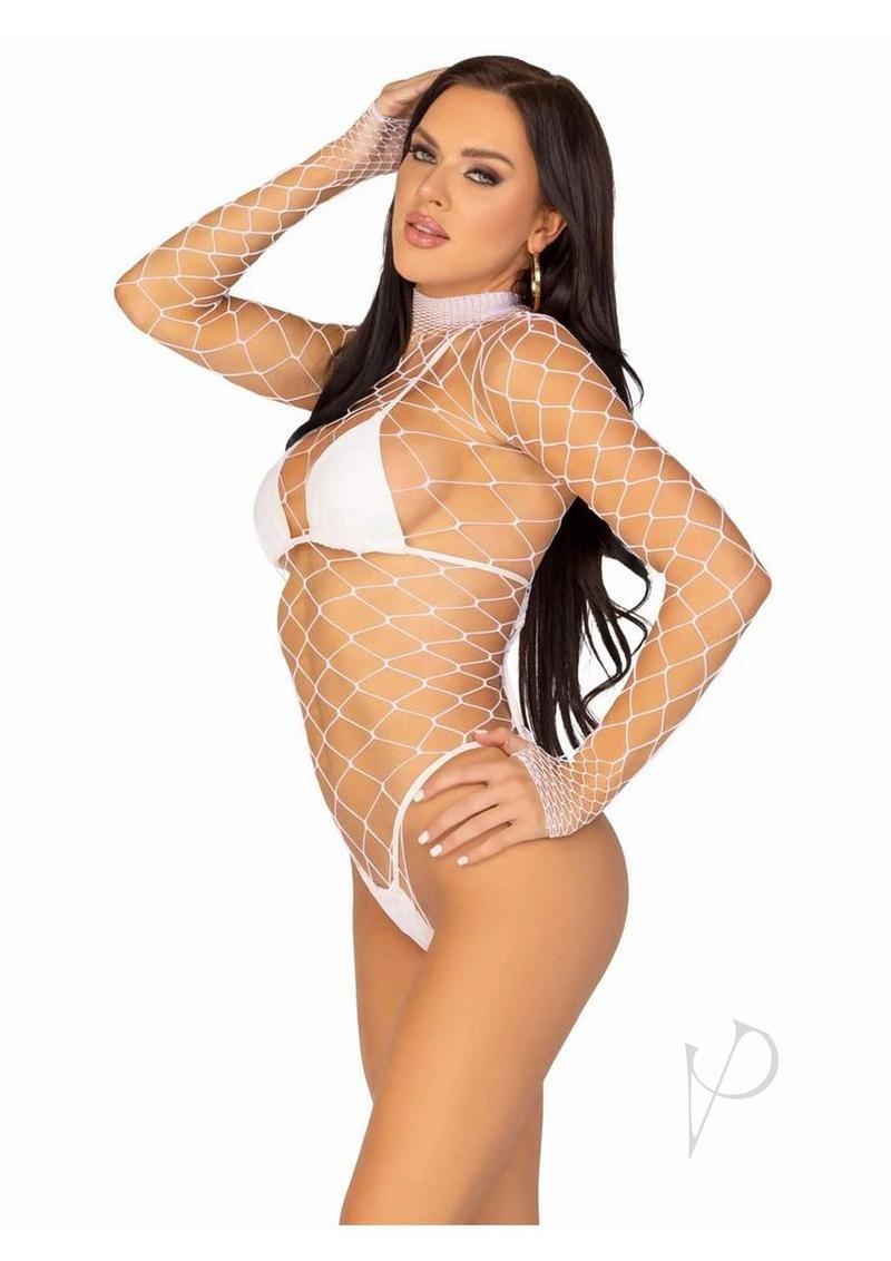 Leg Avenue Fence Net Snap Crotch Long Sleeved Bodysuit - O/S - White