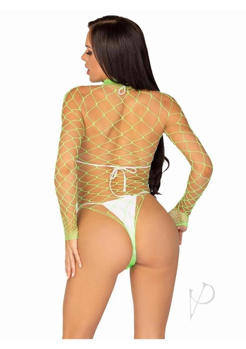 Leg Avenue Fence Net Snap Crotch Long Sleeved Bodysuit - O/S - Green