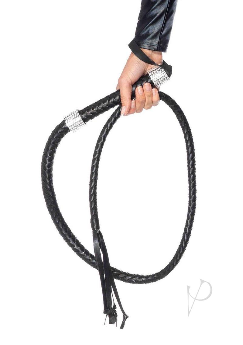 Leg Avenue Braided Whip with Rhinestone Look Handle Accent Faux Leather - 54in - Black