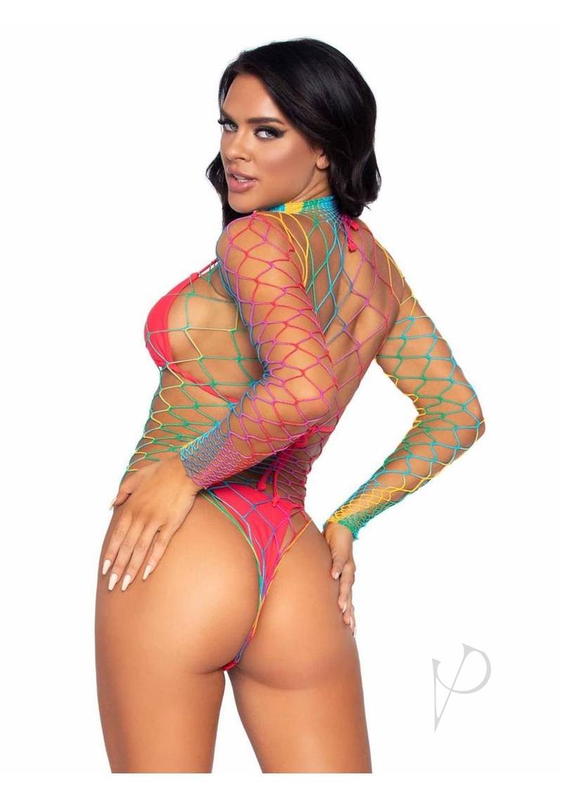 Leg Avenue Fence Net Snap Crotch Long Sleeved Bodysuit - O/S - Rainbow