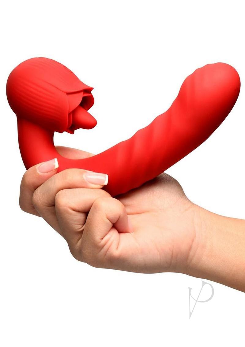 Bloomgasm Boom Bloom Thrusting and Licking Rechargeable Silicone Rose Vibrator - Red