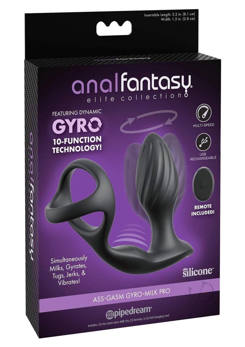 Anal Fantasy Elite Ass-Gasm Gyro-Milk Pro Cock Ring with Butt Plug and Remote Control - Black