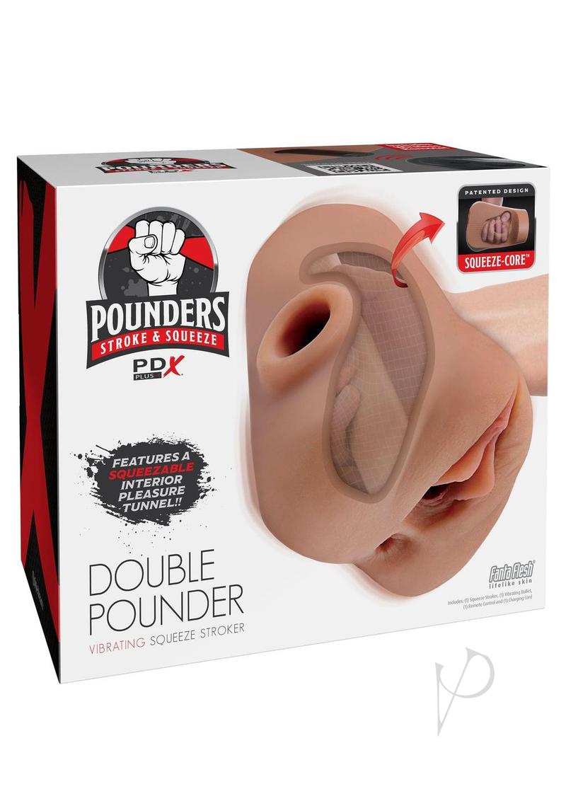 PDX Plus Double Pounder Vibrating Squeeze Stroker - Pussy and Ass - Caramel