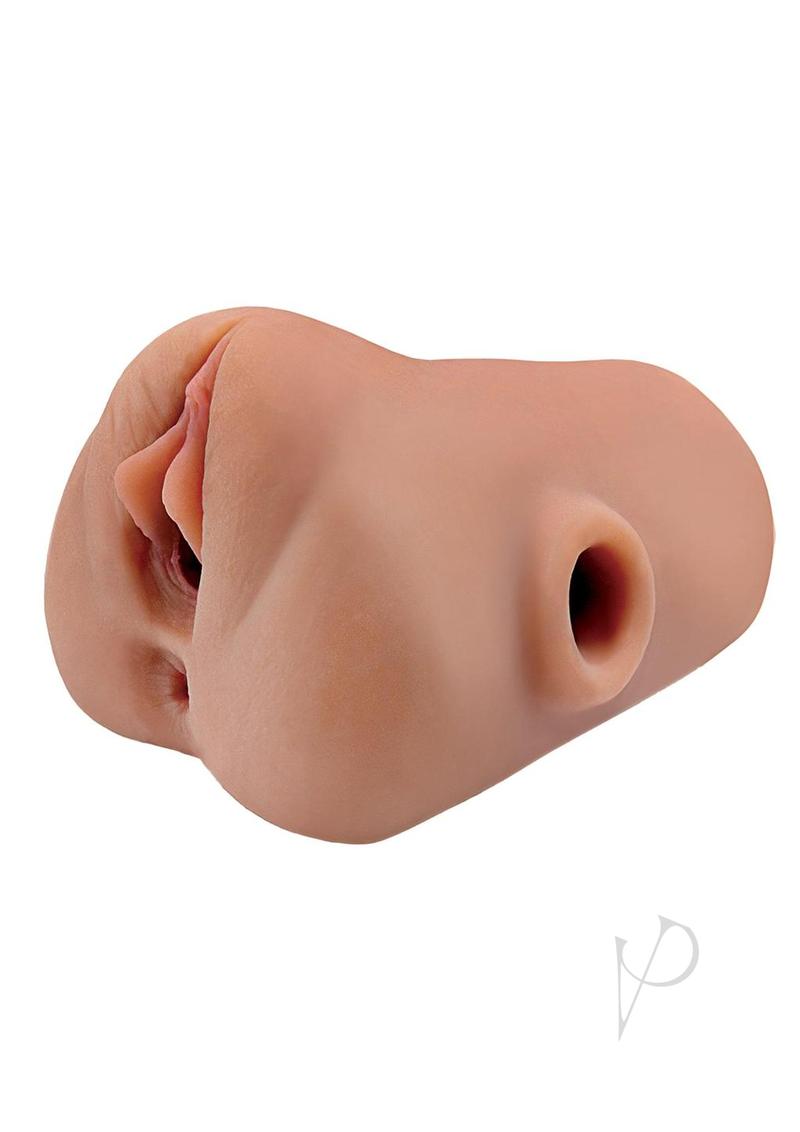 PDX Plus Double Pounder Vibrating Squeeze Stroker - Pussy and Ass - Caramel