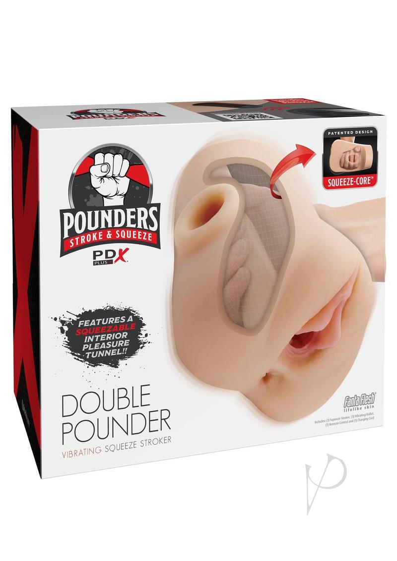PDX Plus Double Pounder Vibrating Squeeze Stroker - Pussy and Ass - Vanilla
