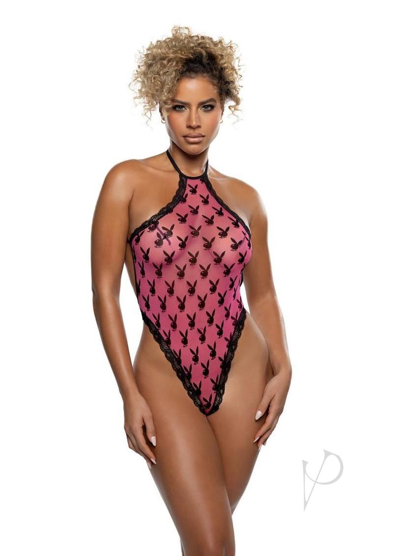 Playboy Ravishing Bunny Halter Teddy - OS - Hot Pink
