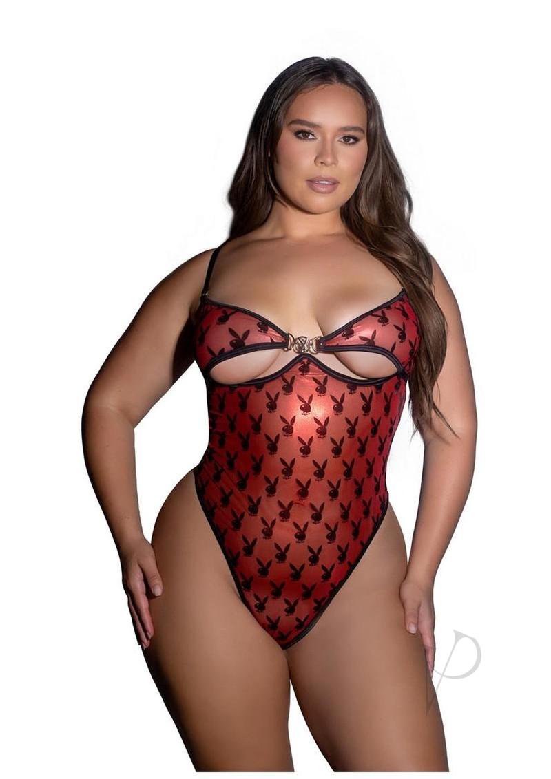Playboy Shimmer Bunny Teddy - 1XLarge - Red/Black