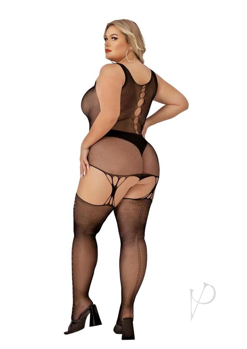 Lapdance Lingerie Keyhole Suspender Hose Bodystocking - Queen Size - Black