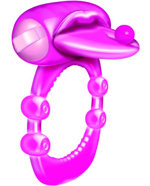 Pierced Tongue Vibrating Silicone Cock Ring Waterproof - Magenta