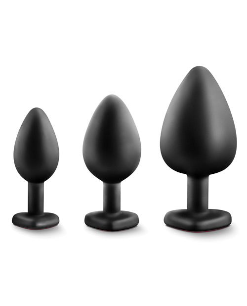 Luxe Bling Butt Plugs Silicone Training Kit with Red Gems (3 size kit) - Black