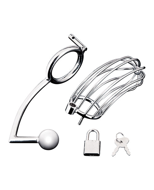 Cock Cage With Anal Stimulator - Stainless Steel