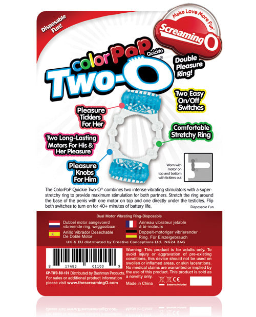 Color Pop Quickie Two-O Silicone Dual Vibrating Cock Ring - Blue