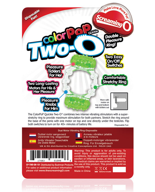 Color Pop Quickie Two-O Silicone Dual Vibrating Cock Ring - Green