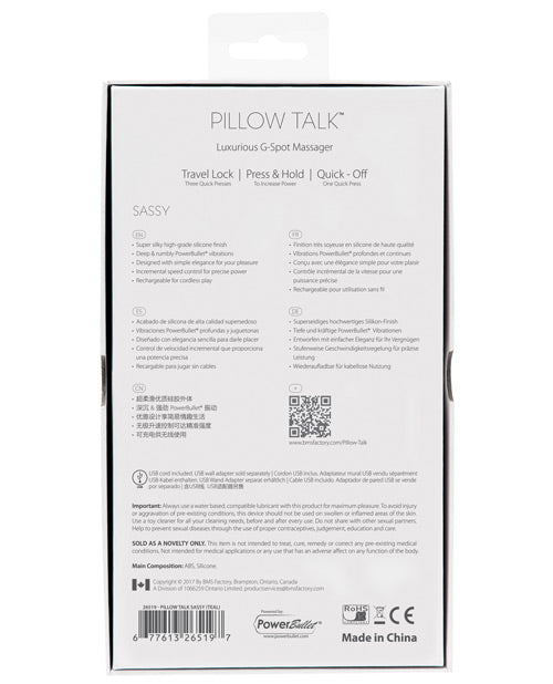 Pillow Talk Sassy Silicone Rechargeable G-Spot Vibrator - Pink