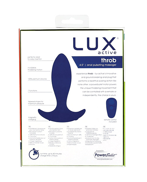 LUX Active Throb Silicone Rechargeable Anal Plug with Remote Control 4.5in - Blue