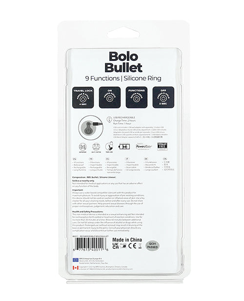 PowerBullet Bolo Bullet Silicone Rechargeable Cock Tie - Black/Silver
