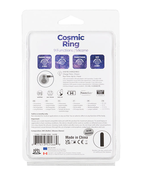 PowerBullet Cosmic Ring Rechargeable Silicone Vibrating Cock Ring - Glow in the Dark Blue