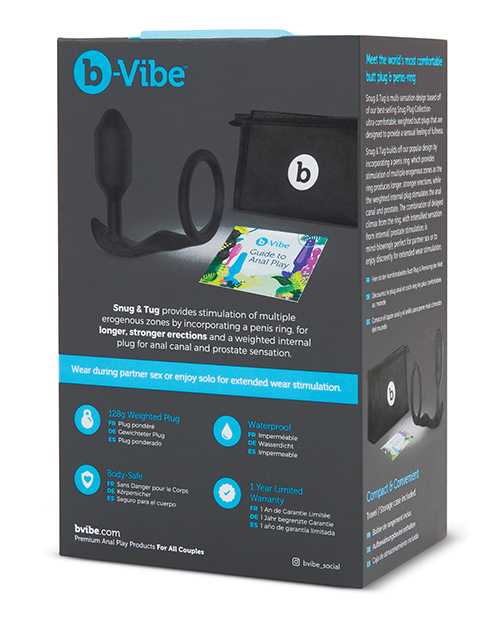 B-Vibe Snug and Tug Silicone Cock Ring with Anal Plug - Black
