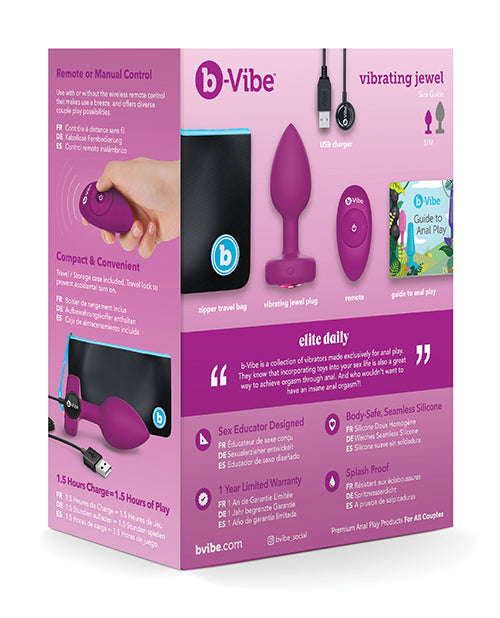 B-Vibe Vibrating Jewel Plug Rechargeable Silicone Anal Plug with Remote Control - Small/Medium - Fuchsia