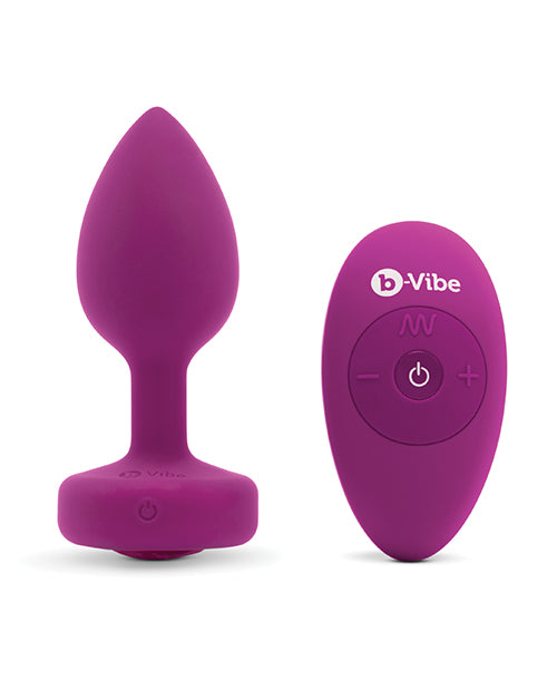 B-Vibe Vibrating Jewel Plug Rechargeable Silicone Anal Plug with Remote Control - Small/Medium - Fuchsia