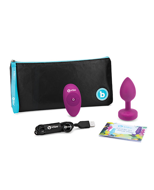 B-Vibe Vibrating Jewel Plug Rechargeable Silicone Anal Plug with Remote Control - Small/Medium - Fuchsia
