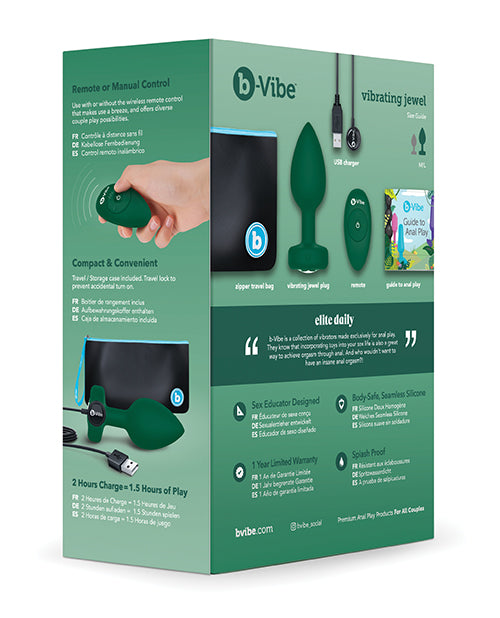 B-Vibe Vibrating Jewel Plug Rechargeable Silicone Anal Plug with Remote Control - Medium/Large - Emerald Green