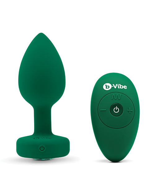 B-Vibe Vibrating Jewel Plug Rechargeable Silicone Anal Plug with Remote Control - Medium/Large - Emerald Green