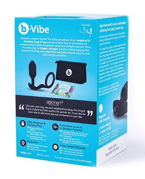 B-Vibe Vibrating Snug and Tug Rechargeable Silicone Cock Ring with Anal Plug - Medium - Black