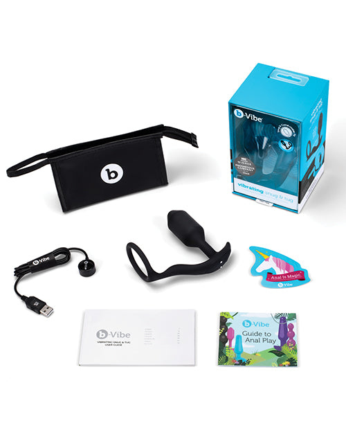 B-Vibe Vibrating Snug and Tug Rechargeable Silicone Cock Ring with Anal Plug - Medium - Black